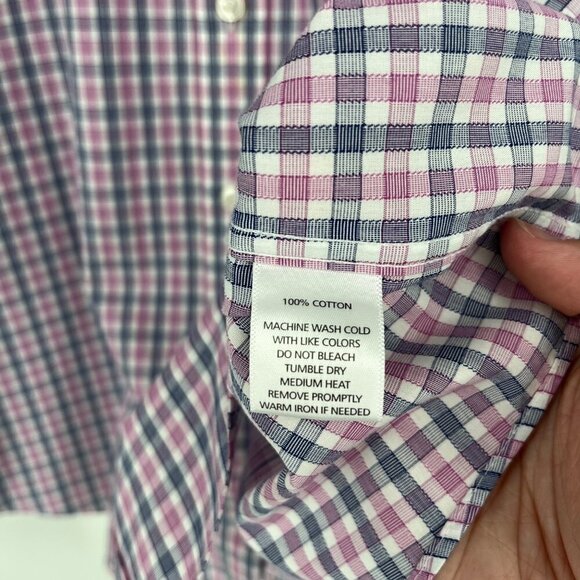 UntuckIt Mens Pio Cesare Button Up Shirt Size L Wrinkle Free Pink Blue Plaid - Picture 5 of 7